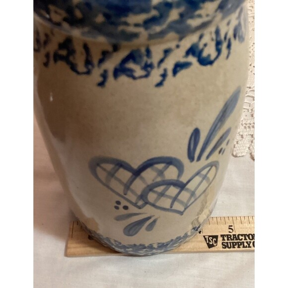 Sponge Ware Utensil Crock Vase Jar Decorated With Blue Design & Hearts 8" Tall - Picture 8 of 9